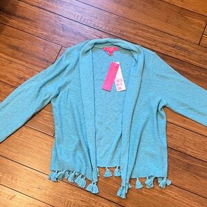 Lilly Pulitzer Aqua Tassel Open-Front Cardigan